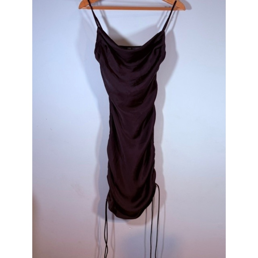 Zara Satin Cowl Neck Ruched Mini Dress Adjustable Side‎ Ties Black XS